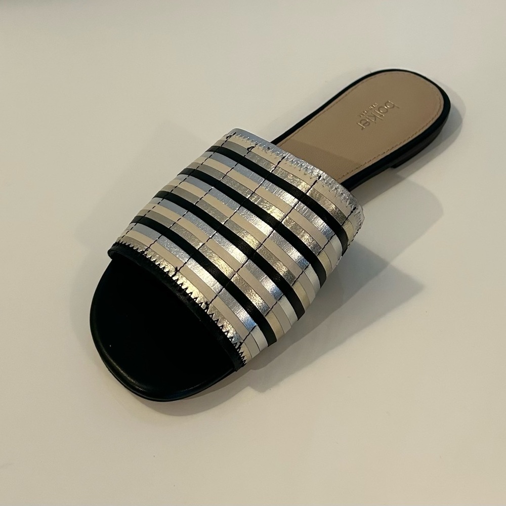 New, Botkier, Leather Shoes Manley Black Silver Striped Sandals Women’s SZ 7,5 M